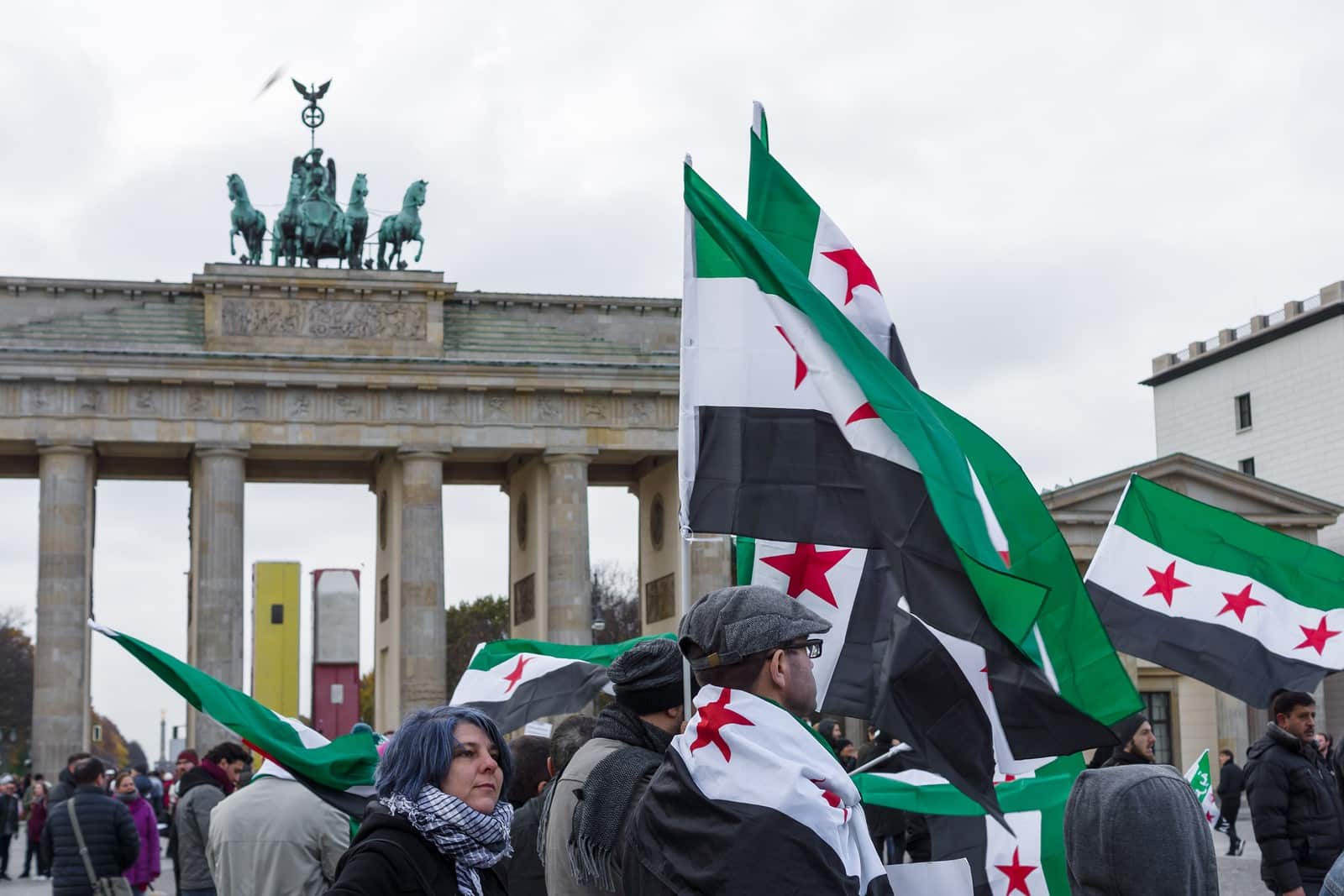 BERLIN - NOVEMBER 12 2017: Protest action of the Syrian opposition near Brandenburg Gate against the Russian Army in Syria.