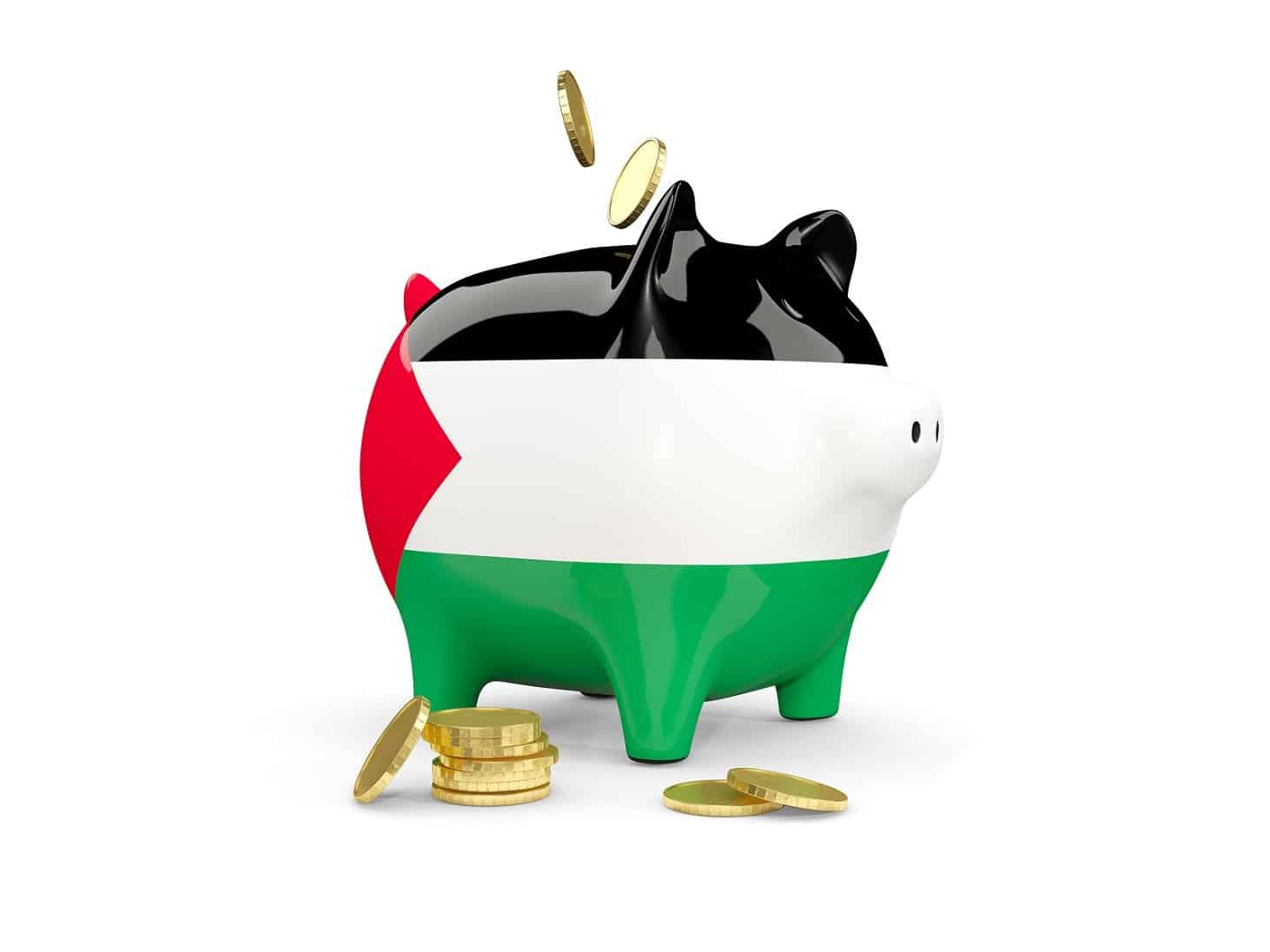 Fat piggy bank with fag of palestinian territory and money isolated on white. 3D illustration