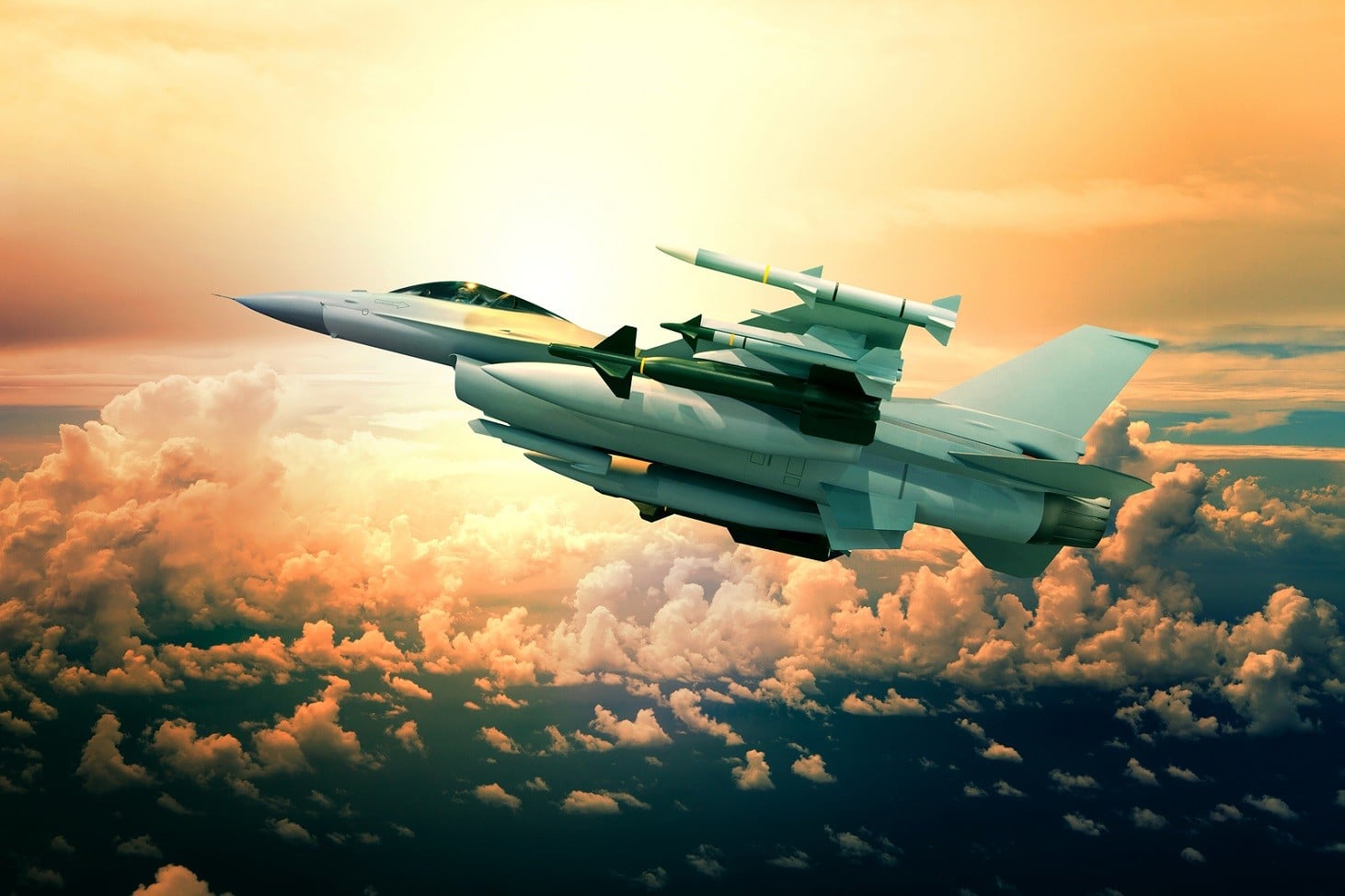 military jet plane with missile weapon flying against sunset sky use for world battle and political conflict in middle east