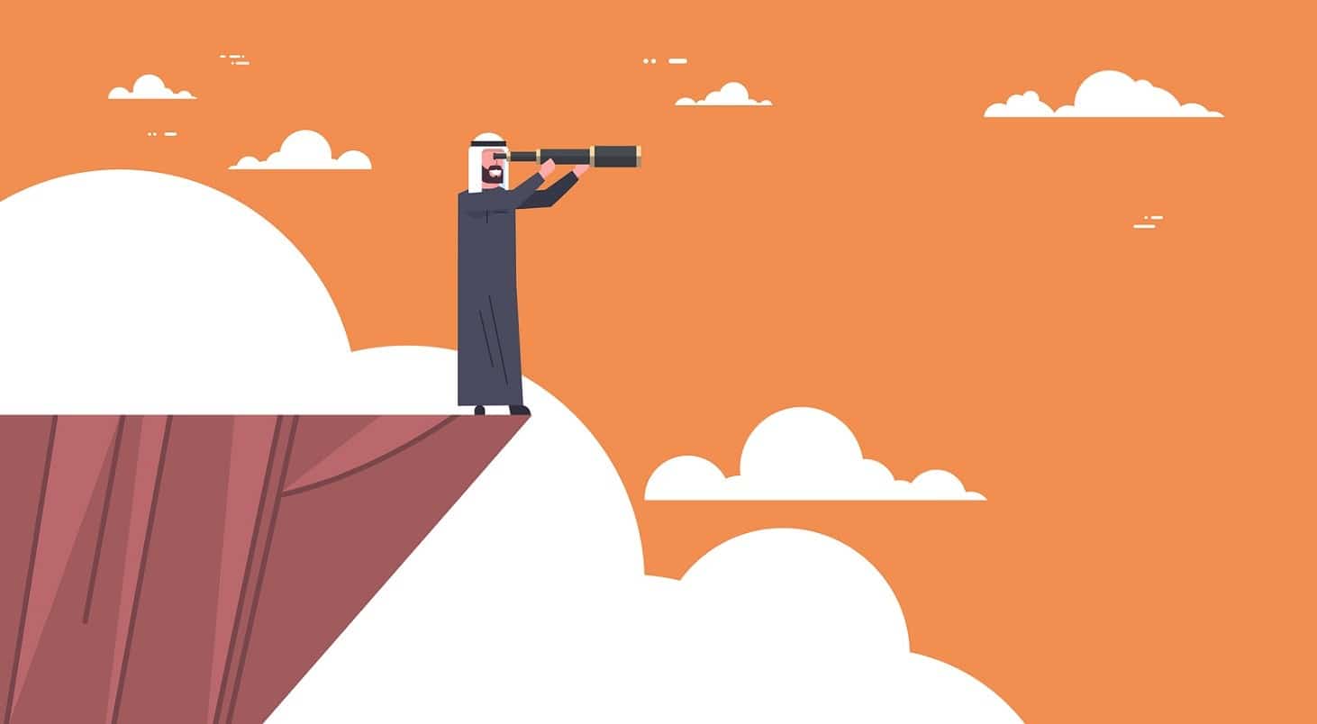 Arab Businessman Stand On Top Of Mountain With Telescope Looking For Success, Opportunities, Business Vision Concept Flat Vector Illustration