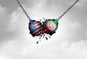 Iran US middle east clash as a USA or United States crisis in the Persian gulf concept as an American and Iranian security problem due to economic sanctions and nuclear deal dispute in a 3D illustration style.