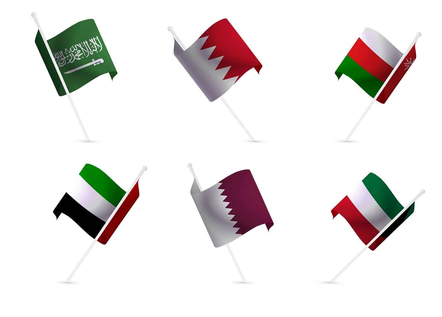 National flags of the Gulf States: Saudi Arabia, Qatar, Oman, Kuwait, UAE,Bahrain