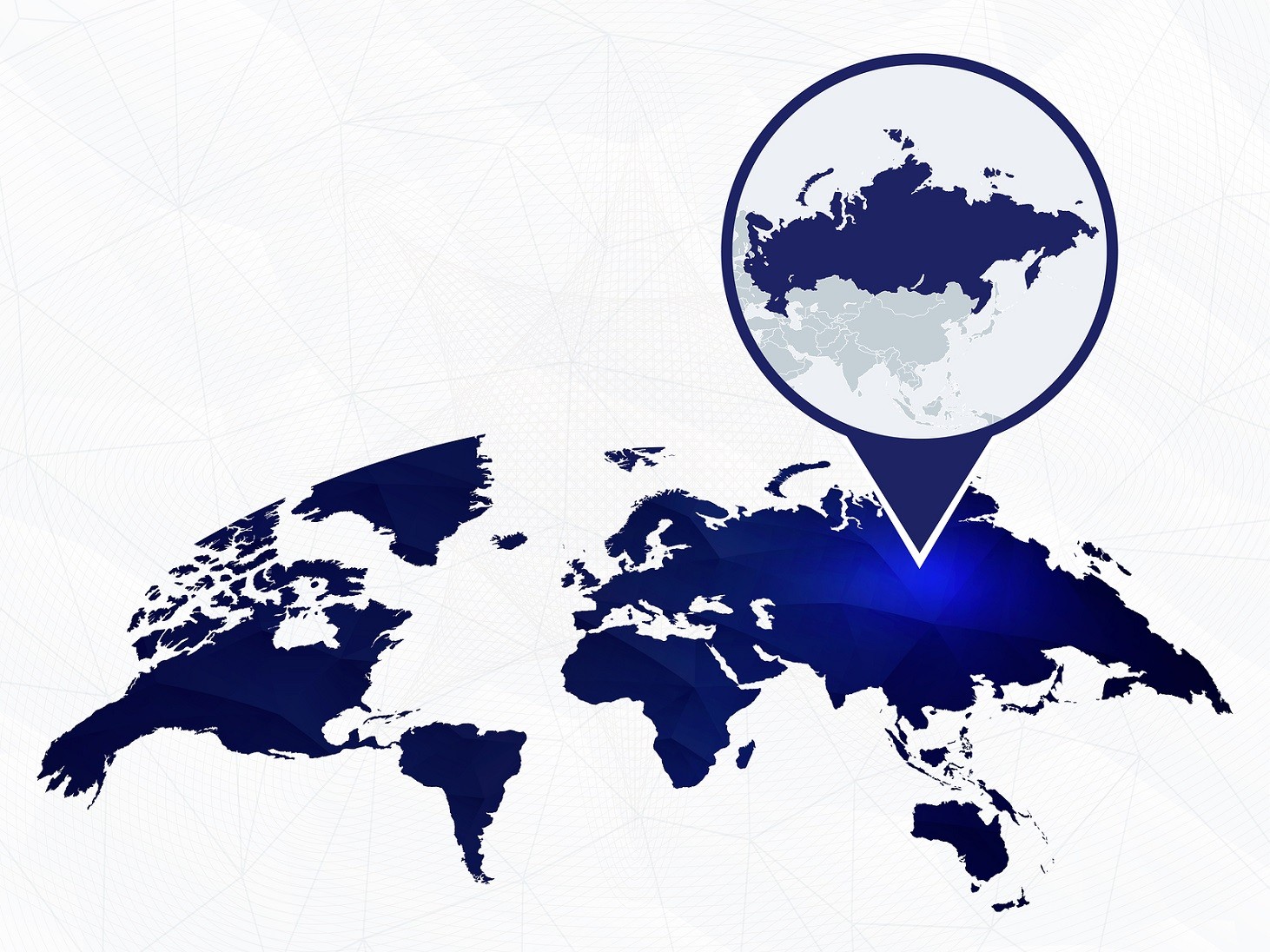 Russia detailed map highlighted on blue rounded World Map. Map of Russia in circle.
