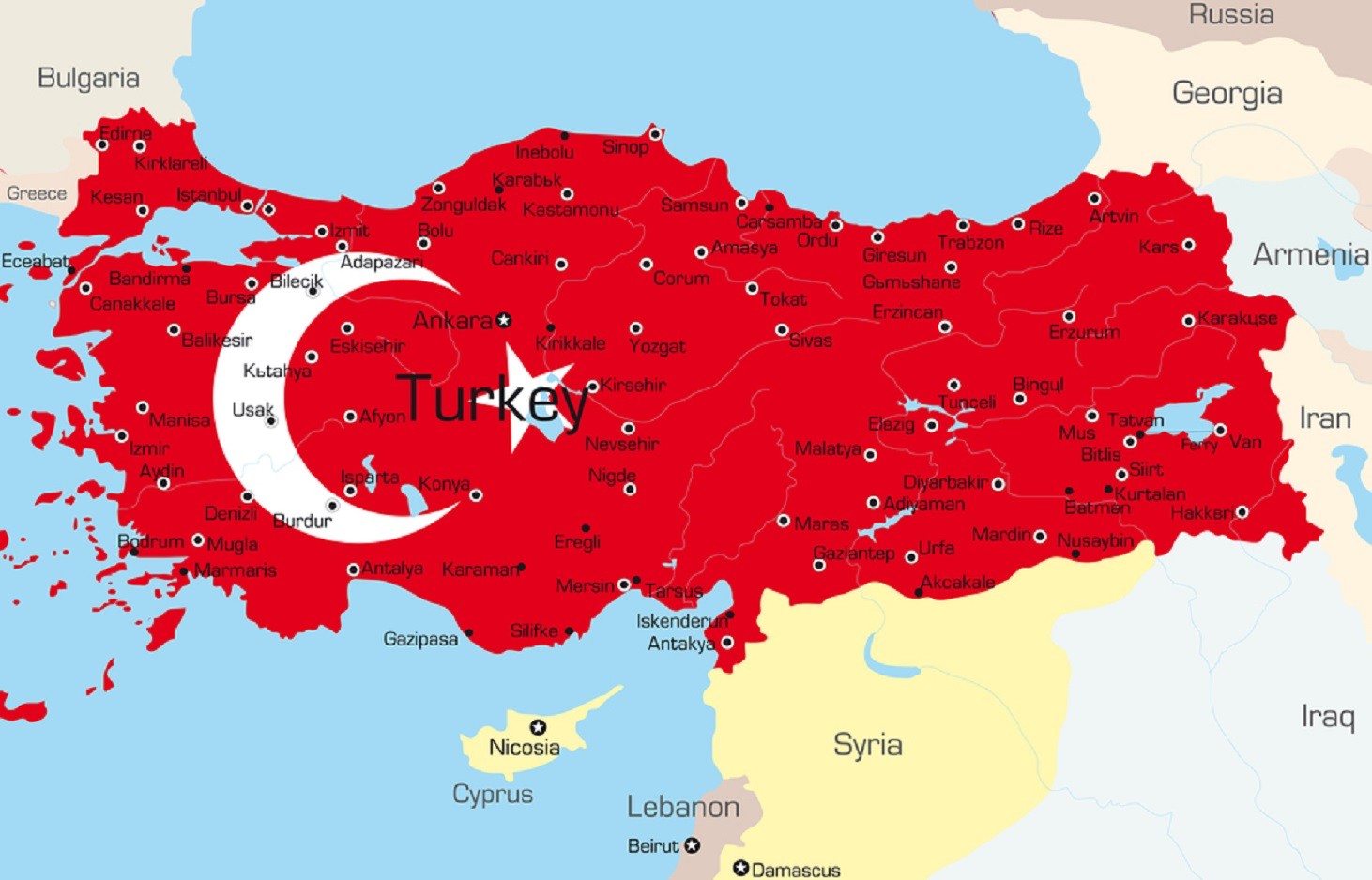 Vector map of Turkey country colored by national flag