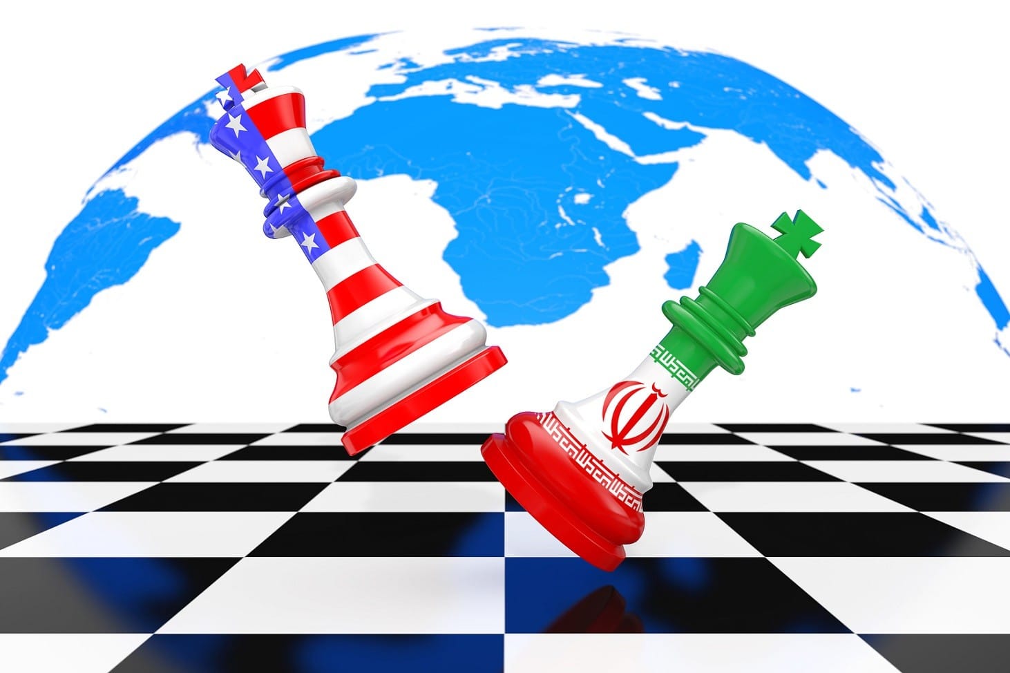 US America and Iran Kings Chess Fighting over a Chess Board on a white background. 3d Rendering