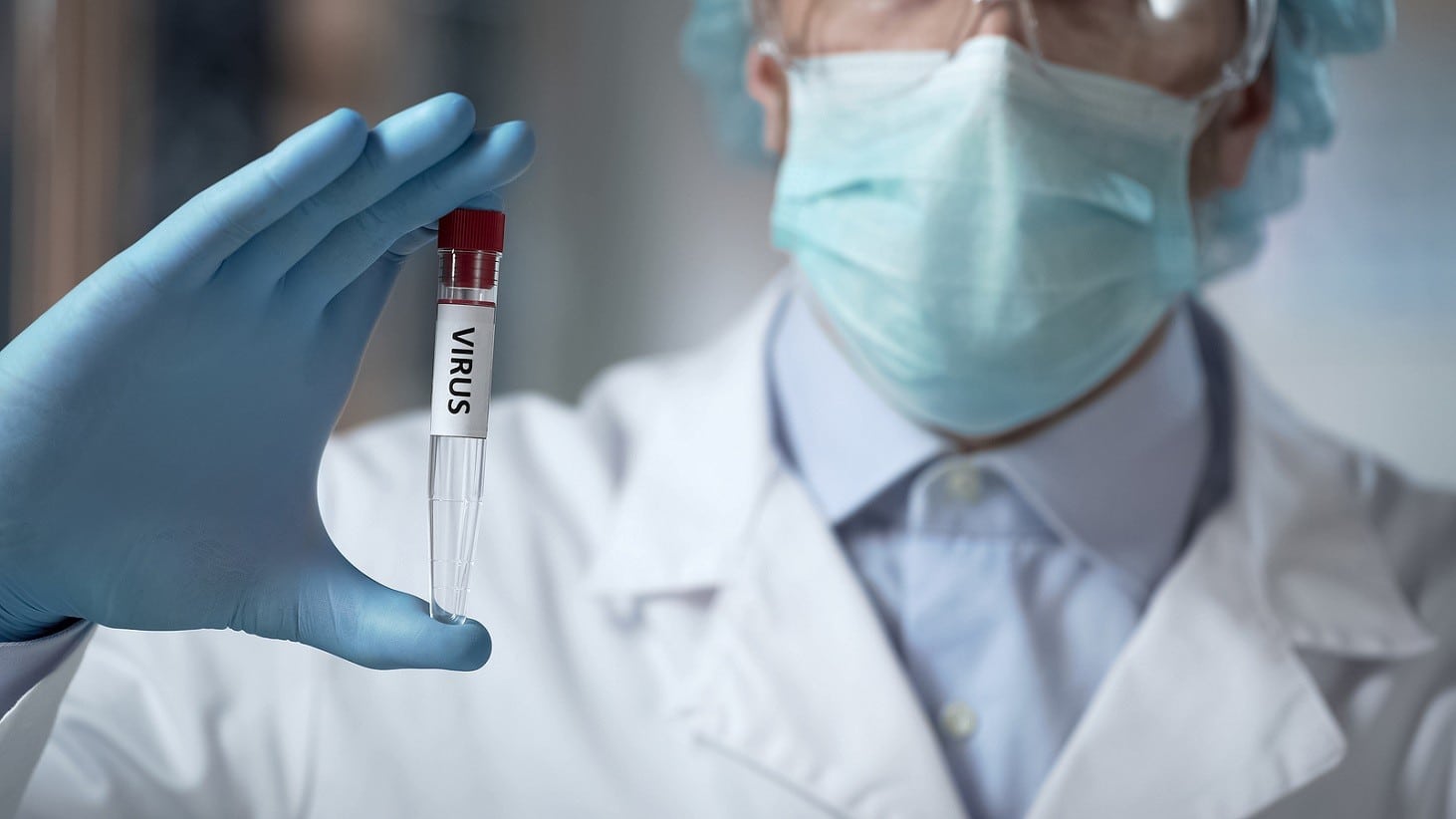 Lab Researcher Holding Virus Sample, Illegal Clinical Trials, Ge