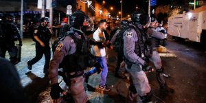 Israeli police arrest a Palestinian outside the Damascus Gate of Jerusalem s Old City
