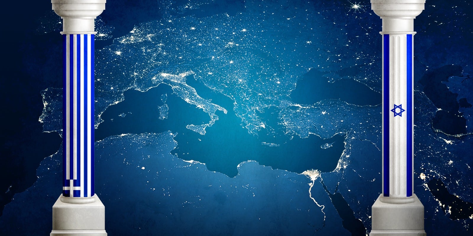 Middle East map illustration with pillars of Israeli and Greek flags