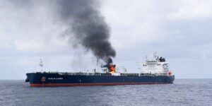 January 27, 2024, Gulf of Aden, Yemen: Marlin Luanda vessel on fire in the Gulf of Aden after it was reportedly struck by an anti-ship missile fired from a Houthi controlled area of Yemen. Gulf of Aden Yemen