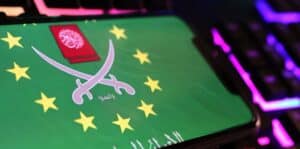 Smartphone with logo emblem flag of muslim brotherhood