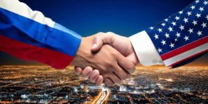 US Russia shake hands illustration