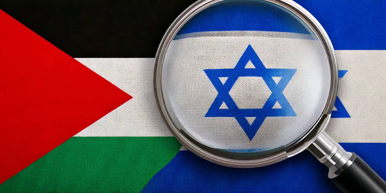 israel palestine flags side by side, magnifying glass, illustration